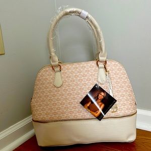 IMAN beige Travel Bag/Purse with toiletries bag, gold accents, NWT